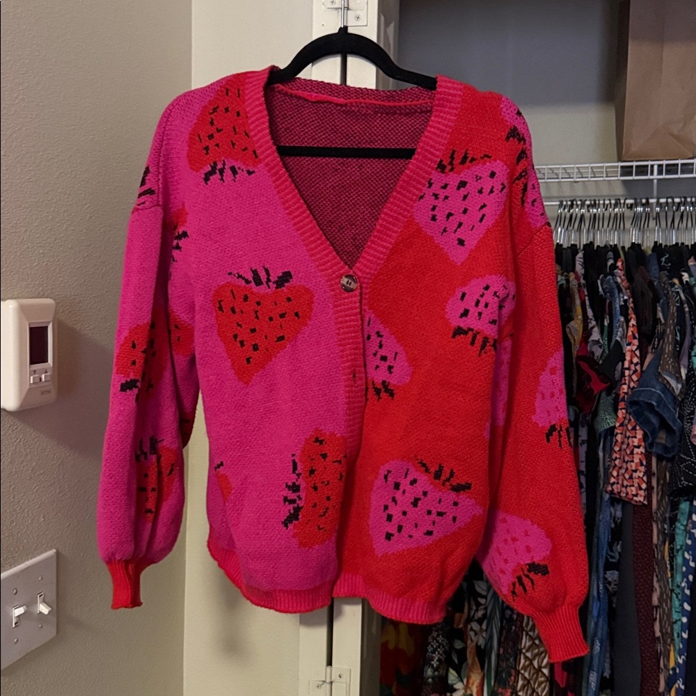 Strawberry Patterned Pink and Red Cardigan